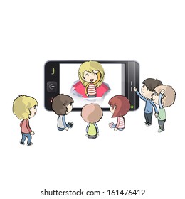 Kids around realistic Phone with red hole. Vector illustration. 