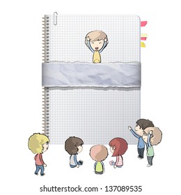 Kids around ring notebook with recycled cover. Vector design.
