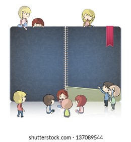 Kids around ring notebook with vintage cover. Vector design.