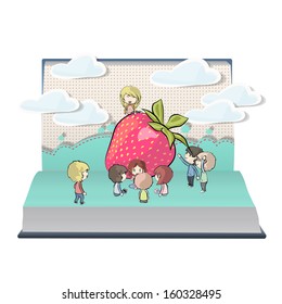 Kids around strawberry on book. Vector design 