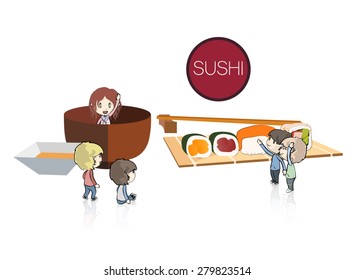 Kids around sushi set