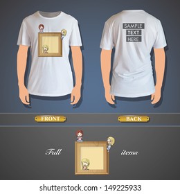 Kids around two frameworks printed on white shirt. Vector design 
