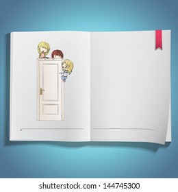 Kids around white door printed on book. Vector design. 