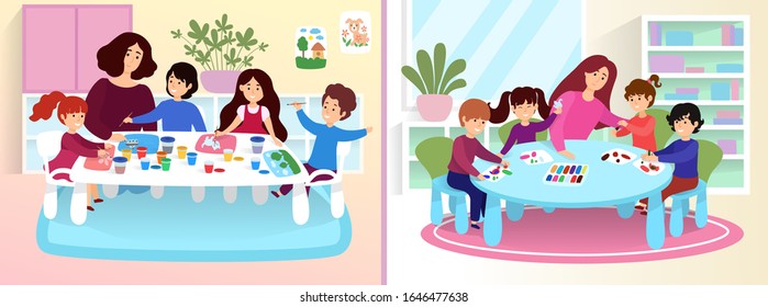 Kids in art class, children painting and sculpting in kindergarten, vector illustration. Preschool creativity group with female teacher, cartoon characters. Happy child artist, creative kids in class