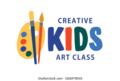 Kids art class flat vector logo. Creative educational centre, children development studio concept. Lettering isolated on white background. Drawing lesson, art school logotype design.