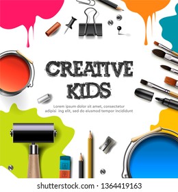 Kids art craft, education, creativity class concept. Banner or poster with white square paper background, hand drawn letters, pencil, brush, paints. Vector illustration.