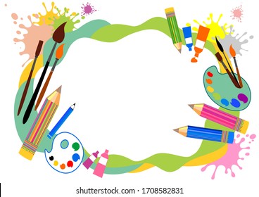 Kids art craft, education, creativity class concept. Vector horizontal banner or poster with white background, pencils, brushes, paints and place for your text.  template with artist tools. vector 