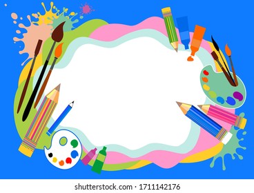 Kids art craft, education, creativity class concept. Vector horizontal banner or poster with pencils, brushes, paints and place for your text. Template with artist tools. 