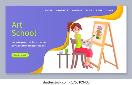 Kids art craft, education and creativity class banner vector. Girl painting on canvas with paintbrush and palette. Female character sitting on chair near easel with creative tools, still life picture