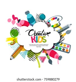 Kids art craft, education, creativity class concept. Vector banner, poster with white cloud shape paper background, hand drawn letters, pencil, brush, watercolor paints. Doodle illustration.