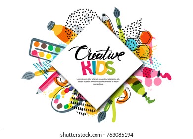 Kids art craft, education, creativity class concept. Vector horizontal banner or poster with white square paper background, hand drawn letters, pencil, brush, watercolor paints. Doodle illustration.