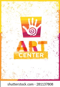 Kids Art And Crafts Center. Creative Vector Concept On Distressed Background. Hand With Swirl Inside Design Element