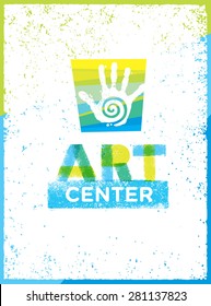 Kids Art And Crafts Center. Creative Vector Concept On Distressed Background. Hand With Swirl Inside Design Element