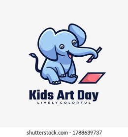 Kids Art Day Concept. Simple Elephant Mascot Style Vector Logo Illustration.