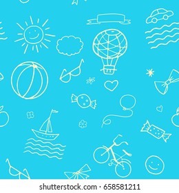 Kids art Doodle hand drawn seamless pattern Vector illustration Summer Holiday Happy Birthday background. Fabric, print, advertising. Sun, cloud, balloon, bicycle, heart, sunglasses, smile, boat icons