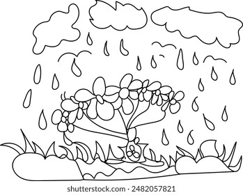 kids art a drawing of a tree, flowers, with the word rain on the sky