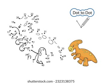 Kids art game. Dot to dot game. Children activity education worksheet. Finish drawing image of cute dinosaur. Drawn riddle by numbers. Vector illustration.