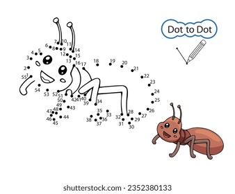 Kids art game of Dot to dot. Children activity education worksheet. Finish drawing image of cute ant. Children drawn riddle by numbers. Vector illustration.