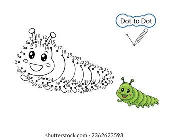 Kids art game of Dot to dot. Children activity education worksheet. Finish drawing image of cute caterpillar. Children drawn riddle by numbers. Vector illustration.