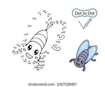 Kids art game of Dot to dot. Children activity education worksheet. Drawing class. Finish image of cute fly. Children drawn riddle by numbers. Vector illustration.