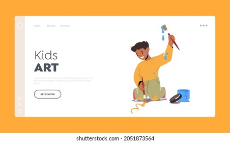 Kids Art Landing Page Template. Little Boy with Paint Brush Drawing Recreation. Kid Painting, Little Character Create Pictures on Paper or Asphalt, Child Creativity. Cartoon People Vector Illustration