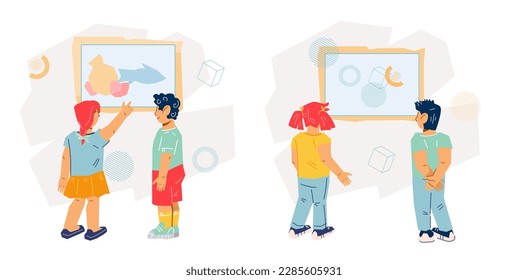 Kids in art museum or gallery, set of scenes or banners with kids looking at exhibits, flat vector illustration isolated on white background. Excursion for children to the art museum.