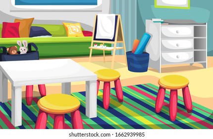 Kids Art Room and Child Playground with Color Palette, Canvas Painting, Biola, Dools, Pillow and Green Sofa for Vector Illustration Interior Design Ideas