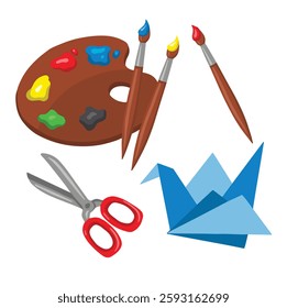 kids art set, crafts paints, hand drawn vector illustration