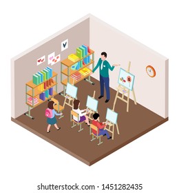 Kids art studio vector illustration. Isometric classroom for drawing lesson with easel, students, teacher. Studio art drawing, paint picture by painter