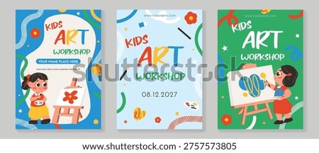 Kids art workshop poster set with painting supplies easel and cartoon children creating artwork in bright colors.