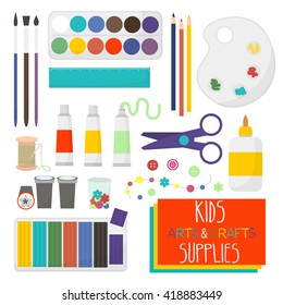 Kids Artistic materials set. Art crafts items for kids creativity. Watercolor, clay, scissors, glue, color paper, brush, pencil,palette, crayon,stamp, needle. Art supplies. Vector illustration