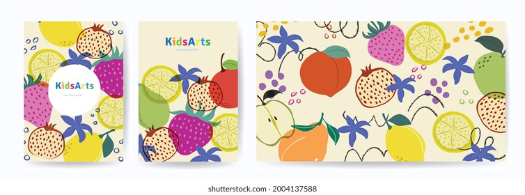 Vector de fondo de Arte Infantil. Logo de arte infantil y papel. Diseño de portada colorida para folletos publicitarios, Patrón infantil, menú infantil, afiche de jardín de infancia, medios sociales, antecedentes de sitio web.
