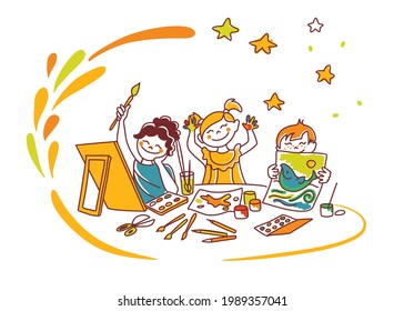 Kids arts. Children paint with paints, art school, painting party, nursery school, painting activity, vector