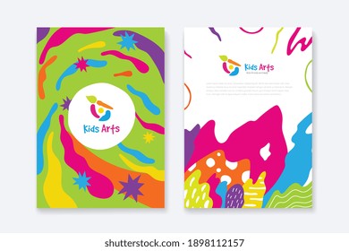 Kids Arts logo and stationery vector. Cute kids multi colored cover design for advertising brochure, Children pattern, kids menu, kindergarten poster, social media post, website background.