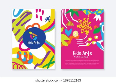 Kids Arts logo and stationery vector. Cute kids multi colored cover design for advertising brochure, Children pattern, kids menu, kindergarten poster, social media post, website background.