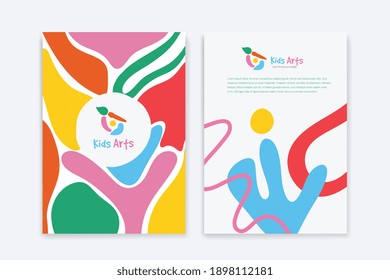 Kids Arts logo and stationery vector. Cute kids multi colored cover design for advertising brochure, Children pattern, kids menu, kindergarten poster, social media post, website background.