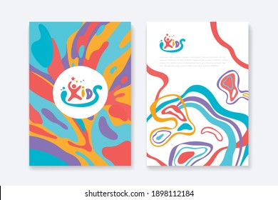 Kids Arts logo and stationery vector. Cute kids multi colored cover design for advertising brochure, Children pattern, kids menu, kindergarten poster, social media post, website background.