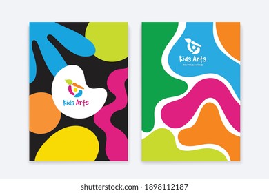 Kids Arts logo and stationery vector. Cute kids multi colored cover design for advertising brochure, Children pattern, kids menu, kindergarten poster, social media post, website background.