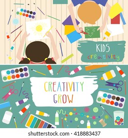 Kids Art-working Process. Kids Creativity Vector Illustration. Top View With Creative Kids Hands. Banner, Flyer For Kids Art Lessons Or School. 