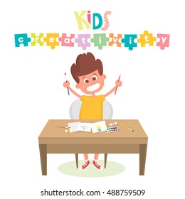 Kids Art-working Process. Kids Creativity Vector Illustration. Boy Keeps Brush And Pencil In Hands. Backgrund For Kids Art Lessons Or School.