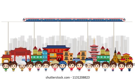 Kids Asian in traditional costume and landmarks. vector illustration