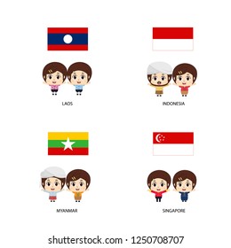 Kids Asian in traditional costume, Laos, Indonesia, Myanmar, Singapore. Flat design