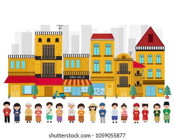 Kids Asian in traditional costume. vector illustration