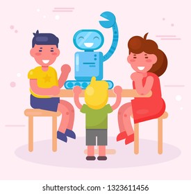 Kids assemble the robot Vector. Cartoon. Isolated art