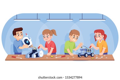Kids assembling robots flat vector illustration. Automated constructor for children. After school club. Robotics courses for youngsters. Boys and girls creating electronic toys cartoon characters