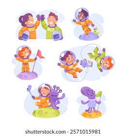 Kids Astronaut Character in Outer Space Exploring Universe Vector Set