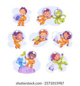 Kids Astronaut Character in Outer Space Exploring Universe Vector Set