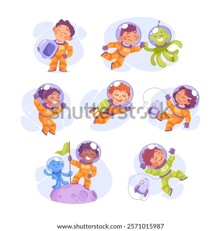 Kids Astronaut Character in Outer Space Exploring Universe Vector Set