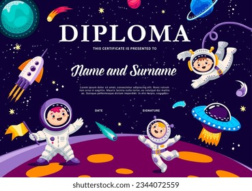 Kids astronaut diploma. Boys and girl astronauts on space planet. Education school certificate, vector award frame template with cartoon cosmonaut children characters explore alien world in far galaxy