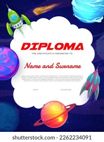 Diploma de astronauta infantil. Paisaje de galaxia de caricaturas, nave espacial, cometa y planetas. Diploma de graduación de escolares de primaria, premio vectorial de apreciación infantil o certificado con cohetes en galaxia